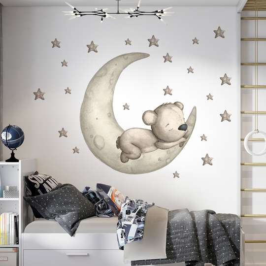 Autocolante de perete, Ursulețul de pluș bej și luna cu steluțe, SET-M