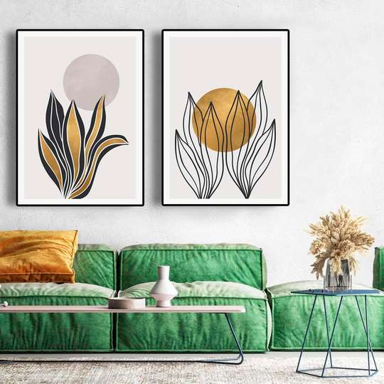 Poster - Plants and golden elements, 60 x 90 см, Framed poster on glass