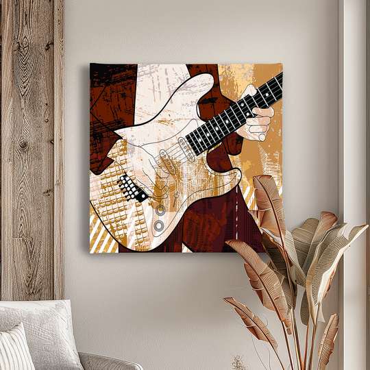 Poster - Chitară în mâinile unui muzician, 100 x 100 см, Poster înrămat, Muzică