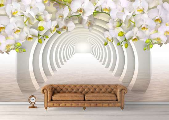 3Д Фотообои - Белая орхидея возле арочного тоннеля в отражении воды