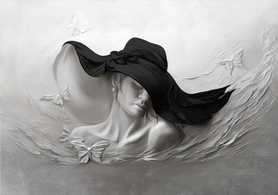 Fototapet 3D - Doamna cu palarie neagra si fluturasi, fundal gri