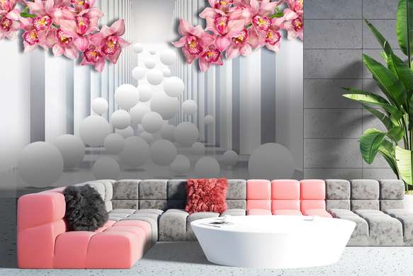 3D Wallpaper - Pink orchids and soaring balls against a white tunnel