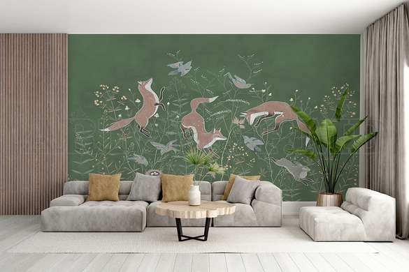 Wall mural - Foxes on a green background