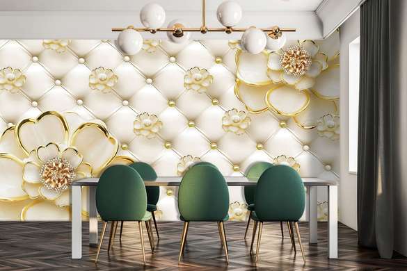Wall Mural - Flowers with golden edges on a leather background