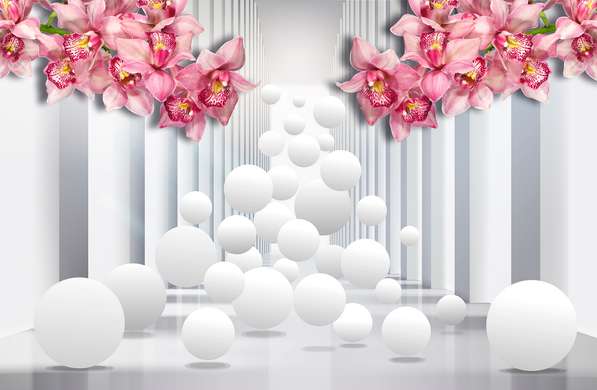 3D Wallpaper - Pink orchids and soaring balls against a white tunnel