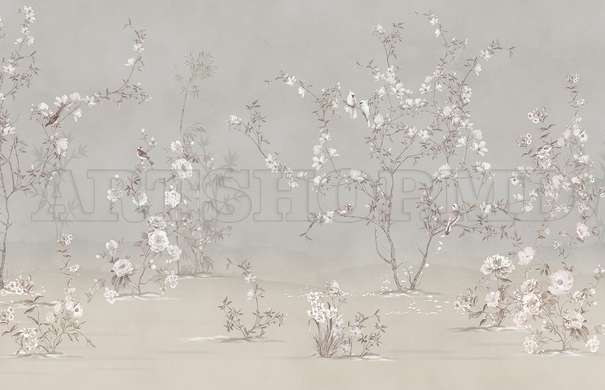 Wall mural - Trees with soft flowers and birds in shades of beige