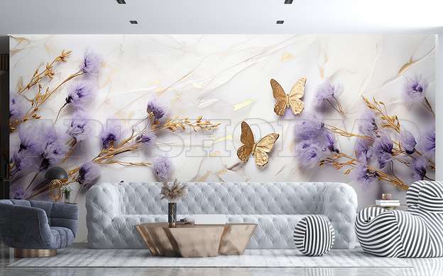 3D Photo Wallpaper- Purple flowers with golden butterflies