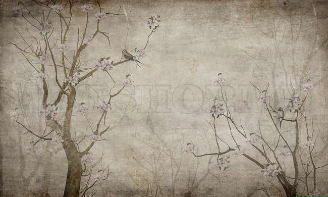 Wall mural - Trees with flowers and birds in pale shades