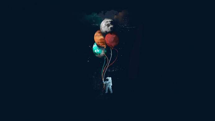 Poster - Astronaut cu baloane în spațiul negru, 90 x 45 см, Poster inramat pe sticla