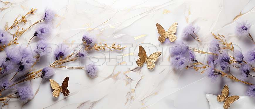 3D Photo Wallpaper- Purple flowers with golden butterflies