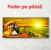 Poster - Vinul cu brânză pe un butoi la apusul soarelui, 90 x 45 см, Poster înrămat, Alimente și Băuturi