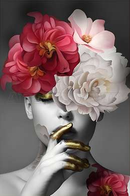 Poster - Lady with pink-white flowers, 60 x 90 см, Framed poster on glass, Glamour