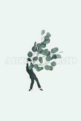 Poster - The man with leaves, 60 x 90 см, Framed poster on glass, Minimalism