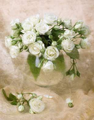 Постер - Белые розы в белой вазе, 60 x 90 см, Постер на Стекле в раме, Натюрморт