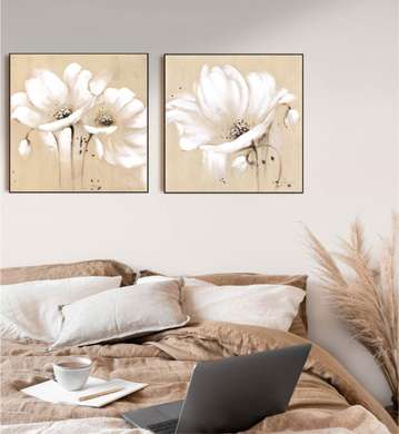 Poster - White flowers on a beige background, 80 x 80 см, Framed poster on glass
