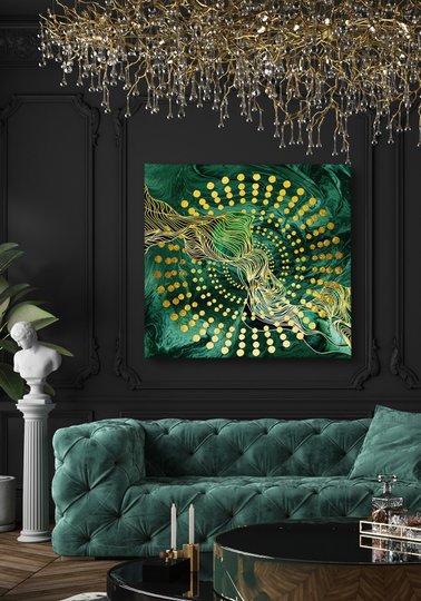 Poster, Verde și auriu abstract, Panza pe cadru