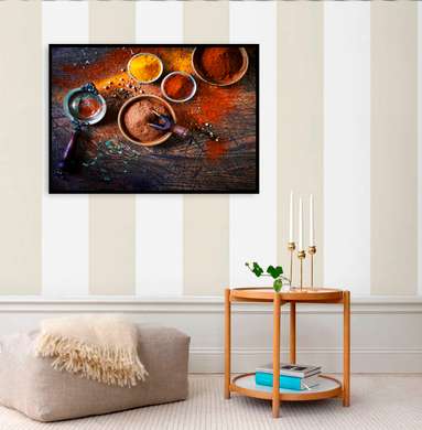 Poster - fragrant spices and wooden table, 90 x 60 см, Framed poster on glass, Food and Drinks