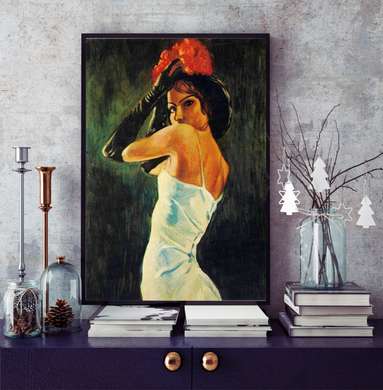 Постер - Девушка с красным цветком на голове, 60 x 90 см, Постер в раме, Разные