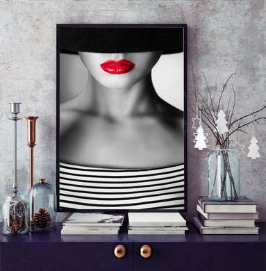 Poster - Fată cu buze roșii, 30 x 60 см, Panza pe cadru, Alb Negru