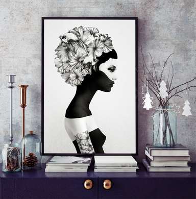 Poster - Fresh flowers, 60 x 90 см, Framed poster on glass, Black & White