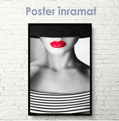 Постер - Девушка с красными губами, 30 x 60 см, Холст на подрамнике, Черно Белые