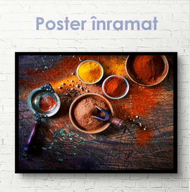 Poster - fragrant spices and wooden table, 90 x 60 см, Framed poster on glass, Food and Drinks
