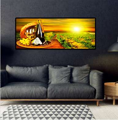 Poster - Vinul cu brânză pe un butoi la apusul soarelui, 90 x 45 см, Poster înrămat, Alimente și Băuturi