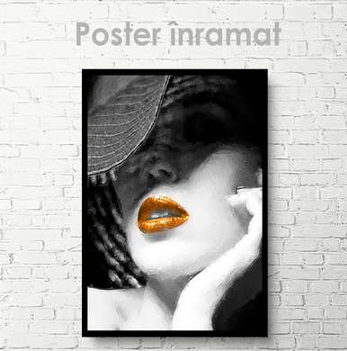 Poster - Doamnă într-o pălărie cu buze strălucitoare, 60 x 90 см, Poster inramat pe sticla