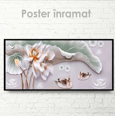Постер - Нежный цветок и утки, 60 x 30 см, Холст на подрамнике