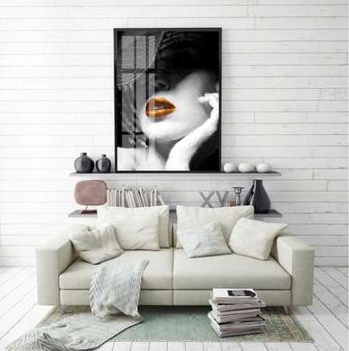 Poster - Lady in a hat with bright lips, 60 x 90 см, Framed poster on glass, Nude