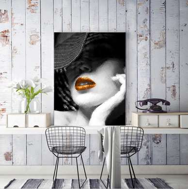 Постер - Дама в шляпе с яркими губами, 60 x 90 см, Постер на Стекле в раме, Ню