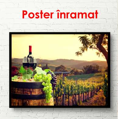 Poster - A bottle of wine against the backdrop of a green vineyard at sunset, 90 x 60 см, Framed poster, Food and Drinks