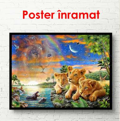 Poster - Pui de leu în lumea animalelor, 90 x 60 см, Poster inramat pe sticla, Pentru Copii