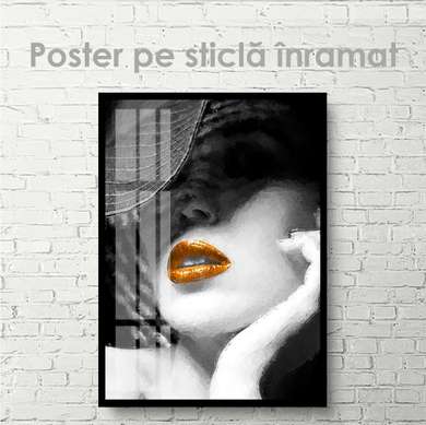 Poster - Lady in a hat with bright lips, 60 x 90 см, Framed poster on glass, Nude
