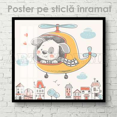 Постер - Собака в вертолете, 100 x 100 см, Постер на Стекле в раме, Для Детей