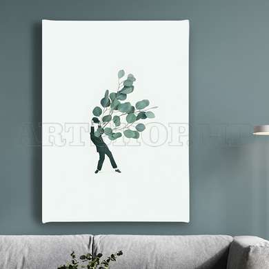 Poster - The man with leaves, 60 x 90 см, Framed poster on glass, Minimalism