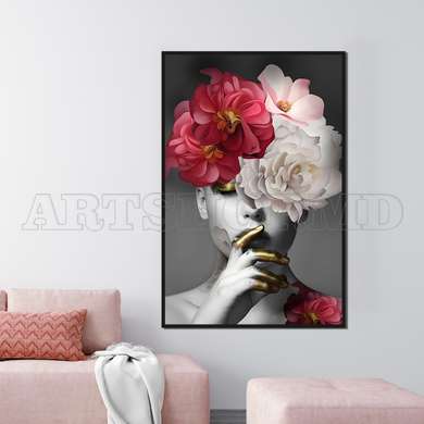 Poster - Lady with pink-white flowers, 60 x 90 см, Framed poster on glass, Glamour