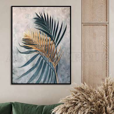 Poster - A golden and green leaf, 60 x 90 см, Framed poster on glass, Botanical