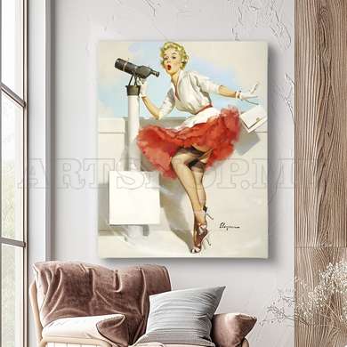 Poster - Marilyn Monroe într-o fustă roșie, 30 x 45 см, Panza pe cadru, Persoane Celebre