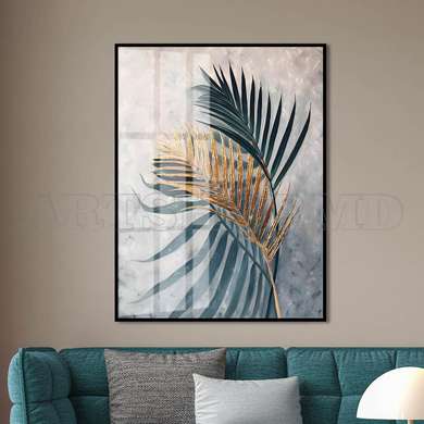 Poster - A golden and green leaf, 60 x 90 см, Framed poster on glass, Botanical