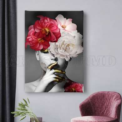 Poster - Lady with pink-white flowers, 60 x 90 см, Framed poster on glass, Glamour