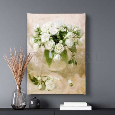 Постер - Белые розы в белой вазе, 60 x 90 см, Постер на Стекле в раме, Натюрморт