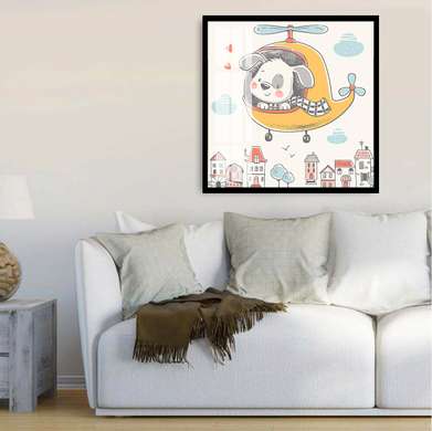 Poster - Dog in helicopter, 100 x 100 см, Framed poster on glass, For Kids