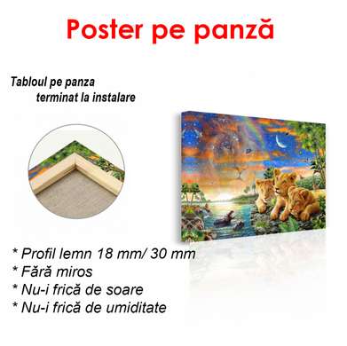 Poster - Pui de leu în lumea animalelor, 45 x 30 см, Panza pe cadru, Pentru Copii