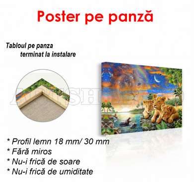 Poster - Pui de leu în lumea animalelor, 90 x 60 см, Poster inramat pe sticla, Pentru Copii