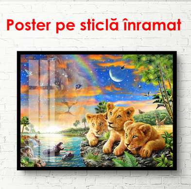 Постер - Львята в мире животных, 45 x 30 см, Холст на подрамнике, Для Детей