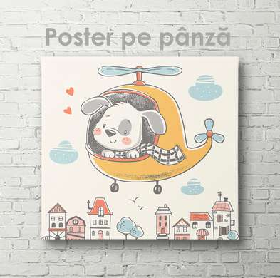 Постер - Собака в вертолете, 100 x 100 см, Постер на Стекле в раме, Для Детей