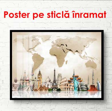 Poster - Obiective turistice din diferite țări pe hartă, 90 x 60 см, Poster înrămat, Orașe și Hărți