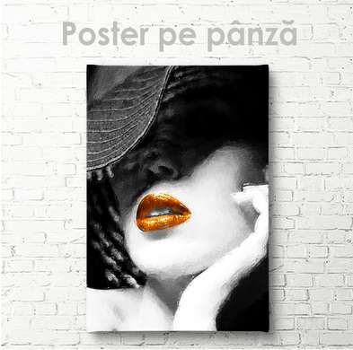 Poster - Doamnă într-o pălărie cu buze strălucitoare, 60 x 90 см, Poster inramat pe sticla