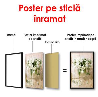 Poster - Trandafiri albi într-o vază albă, 60 x 90 см, Poster înrămat, Natură Moartă